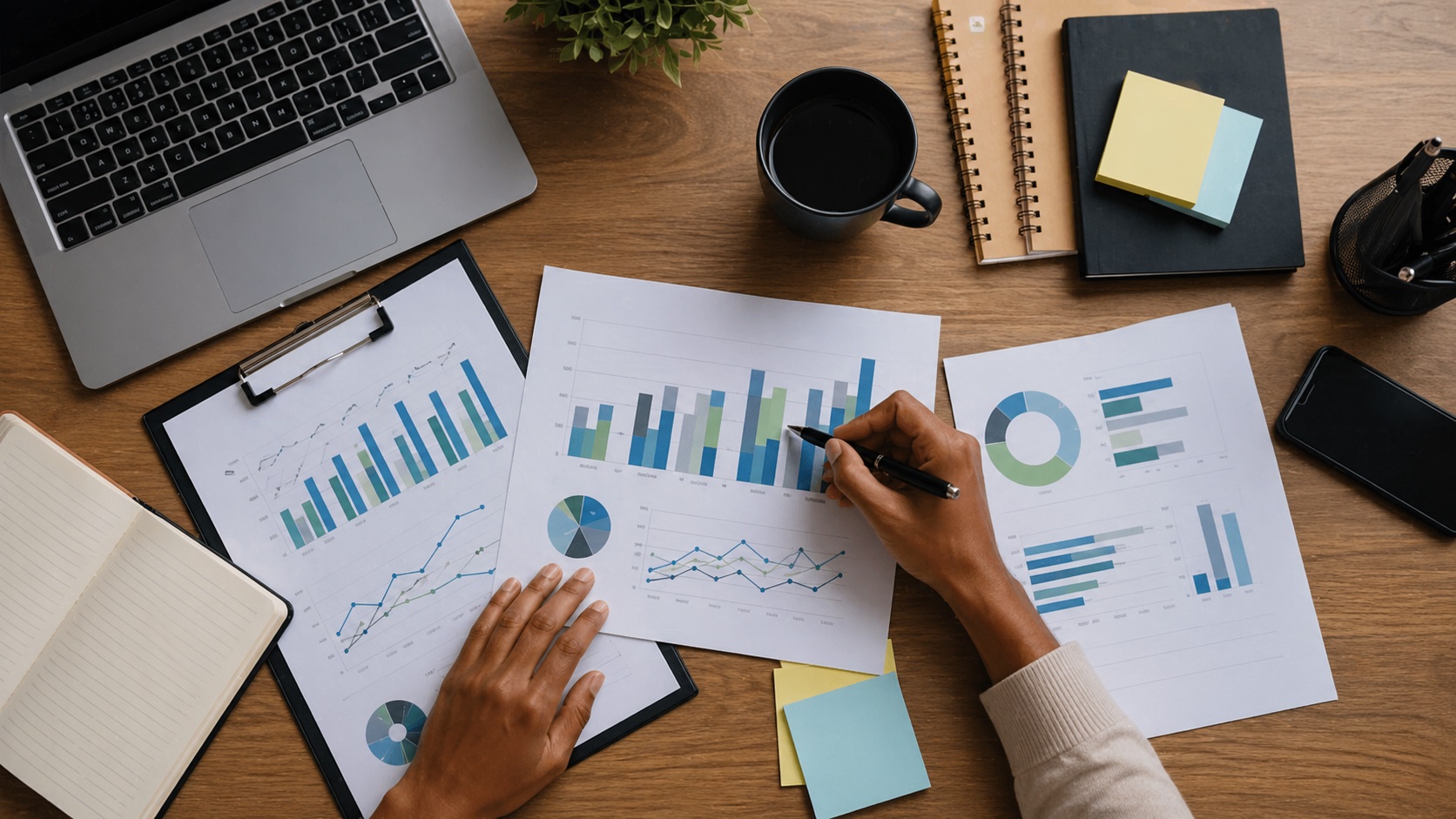Campaign planning documents and performance charts on a paid media strategist desk