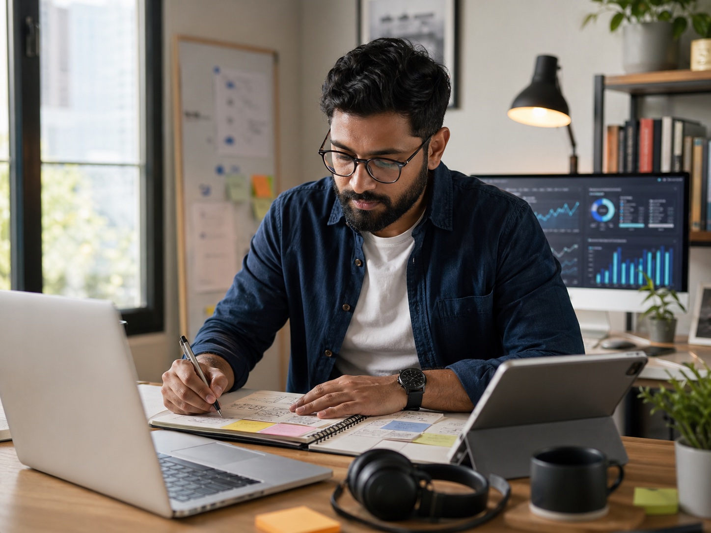 Media buyer evaluating social campaign performance data before scaling