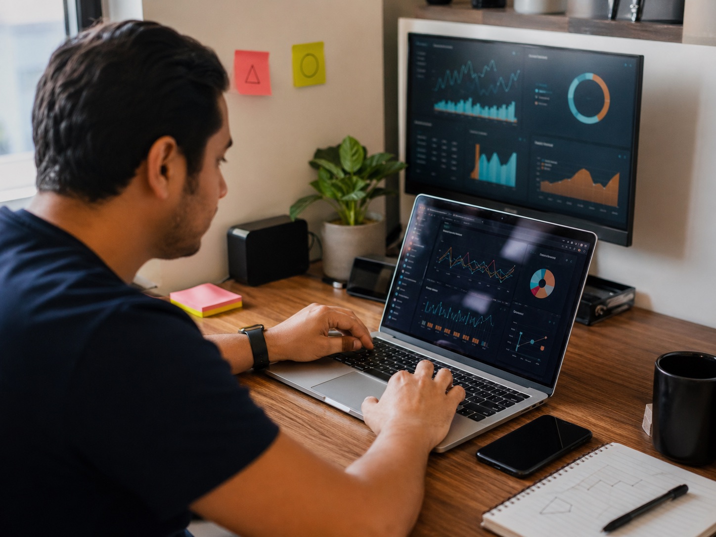 Media buyer preparing a concise performance update from a home campaign desk