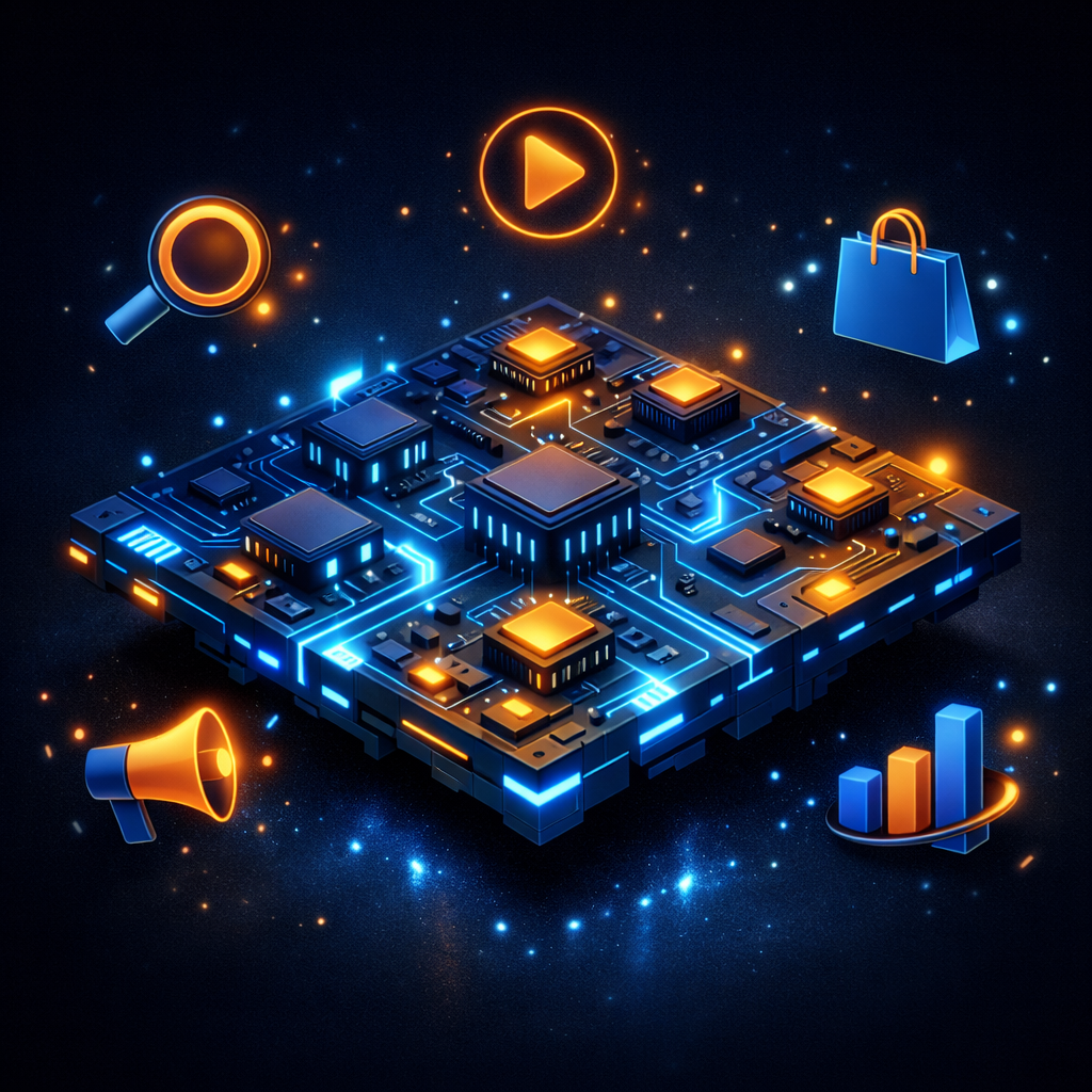 Isometric AI circuit board illustration representing paid media technology